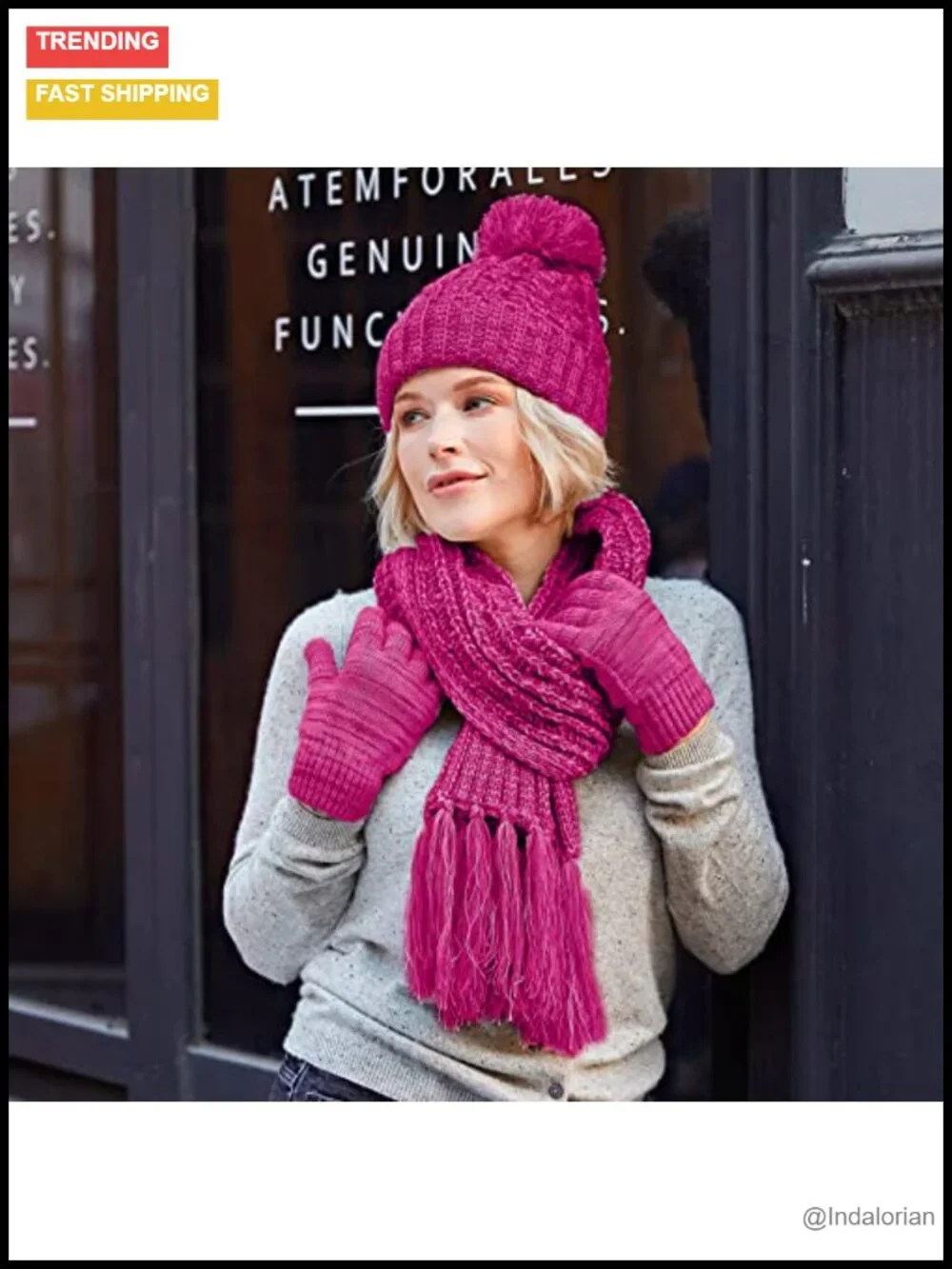 3 in 1 Knit Winter Hat Scarf Glove Set Touch Screen Fleece Lined Pom Pom Beanie